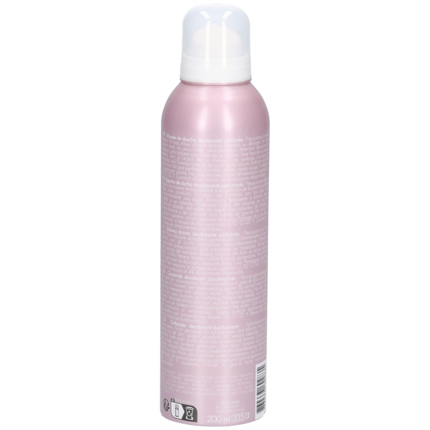 Roze deodorant douche fles, zijaanzicht. Witte pomp. Tekst op de fles.