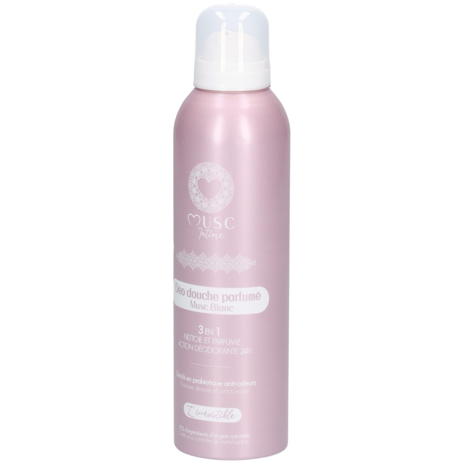 Roze deodorant douche fles met witte pomp. Opschrift: Musc, Déodorant Douche parfumé, 3en1. Productnaam: Musc Blanc.