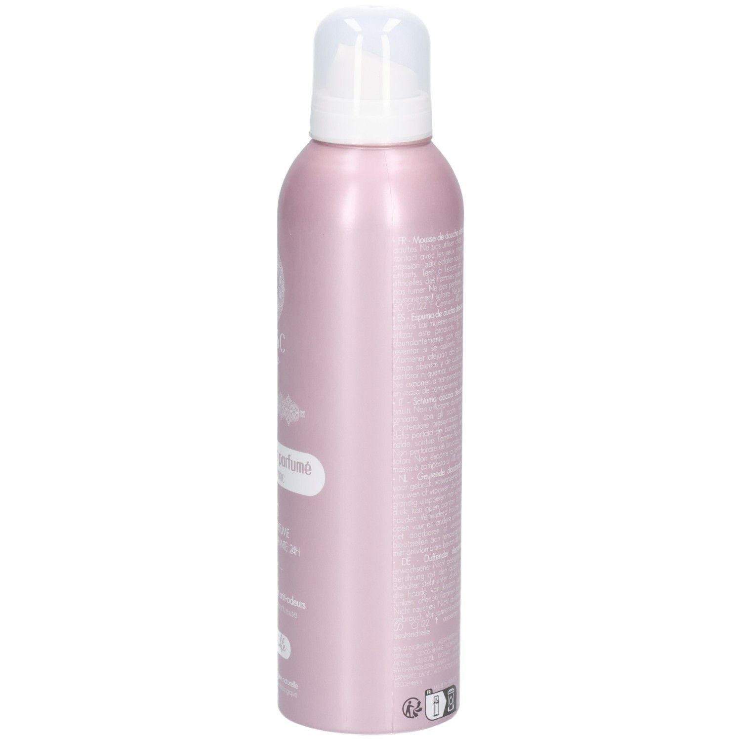 Roze deodorant douche fles, zijaanzicht. Witte pomp. Tekst op de fles.