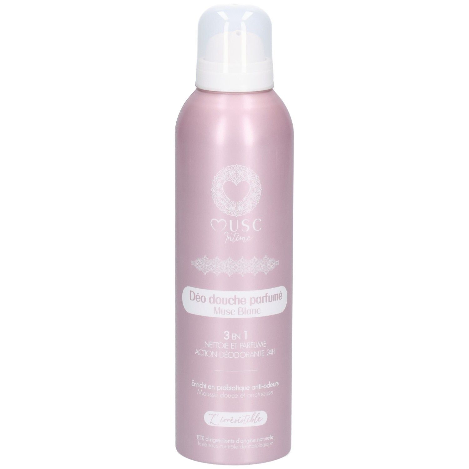 Roze deodorant douche fles met witte pomp. Opschrift: Musc, Déodorant Douche parfumé, 3en1. Productnaam: Musc Blanc.