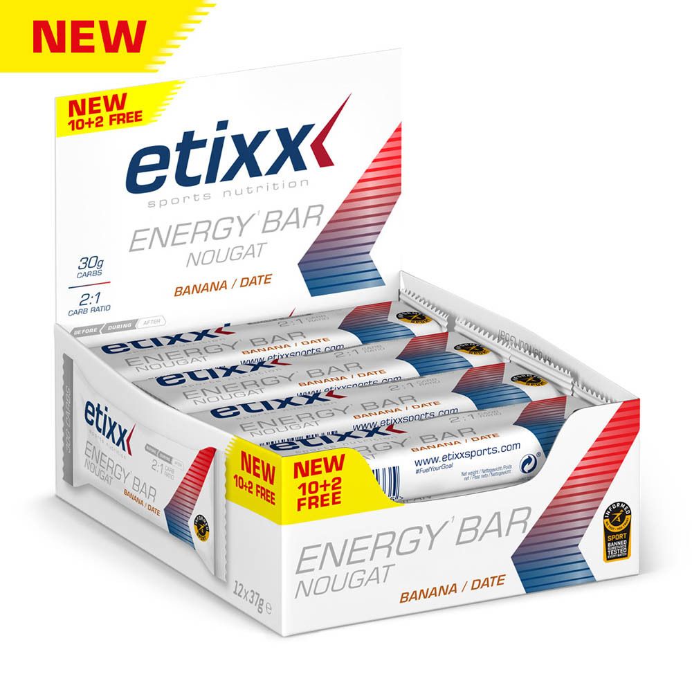 Etixx Energy Bar Nougat Banaan/Dadel. Open doos met repen. 10+2 gratis.