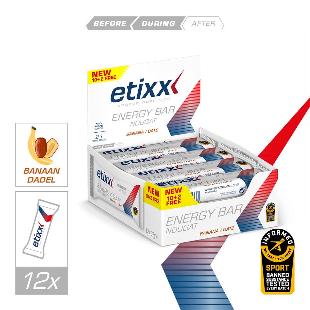 Etixx Energy Bar Nougat Banaan/Dadel. Enkele reep met tekst en diagrammen.
