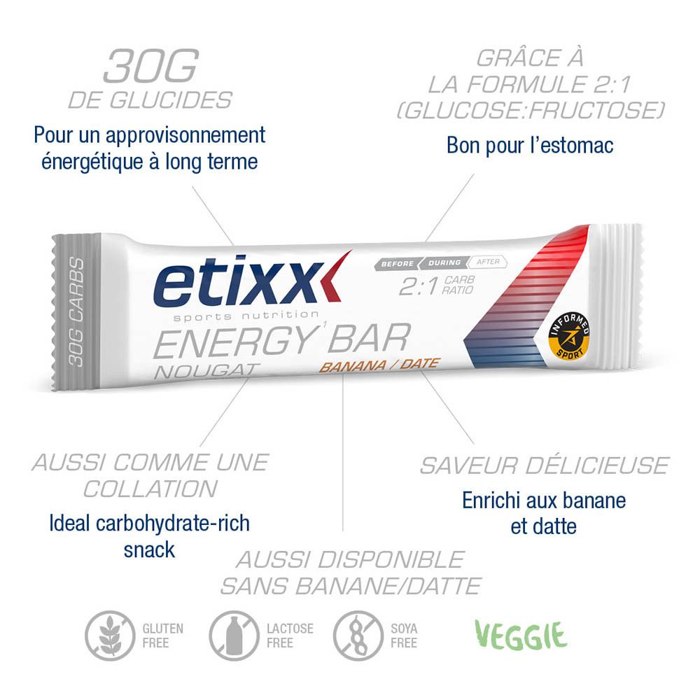 Etixx Energy Bar Nougat Banane/Date. Barre ajoutée à une boisson.