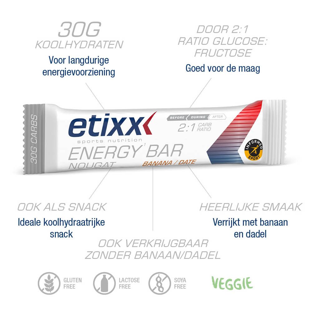 Etixx Energy Bar Nougat Banaan/Dadel. Voedingswaarde per reep.
