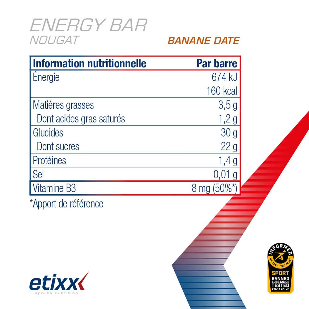 Etixx Energy Bar Nougat Banane/Date. Boîte ouverte avec barres. 12 pièces.
