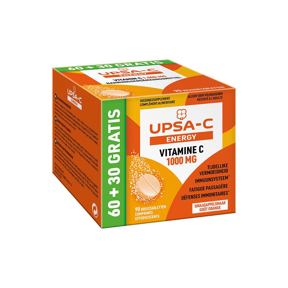 Boîte orange UPSA-C Energy Vitamine C 1000 mg. 60+30 comprimés. Inscriptions en allemand, français, italien, néerlandais.