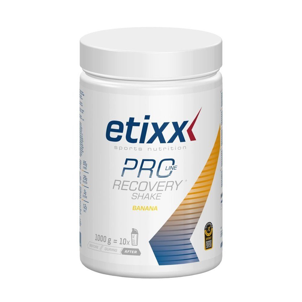 Pot blanc Etixx Pro Line Recovery Shake Banana. Inscription et logo. Contient 1000g. Certification sportive visible.