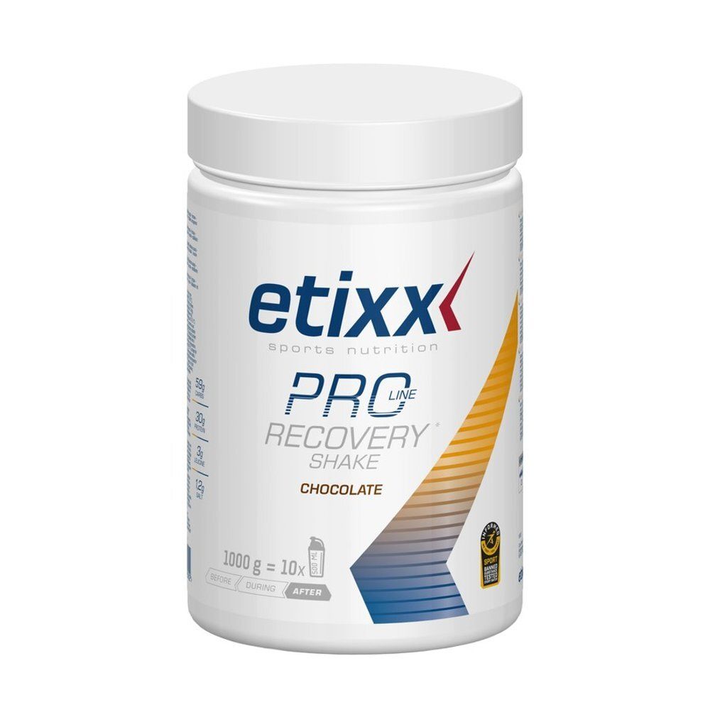 Poudre Etixx Pro Line Recovery Shake saveur chocolat dans un pot blanc avec étiquette.