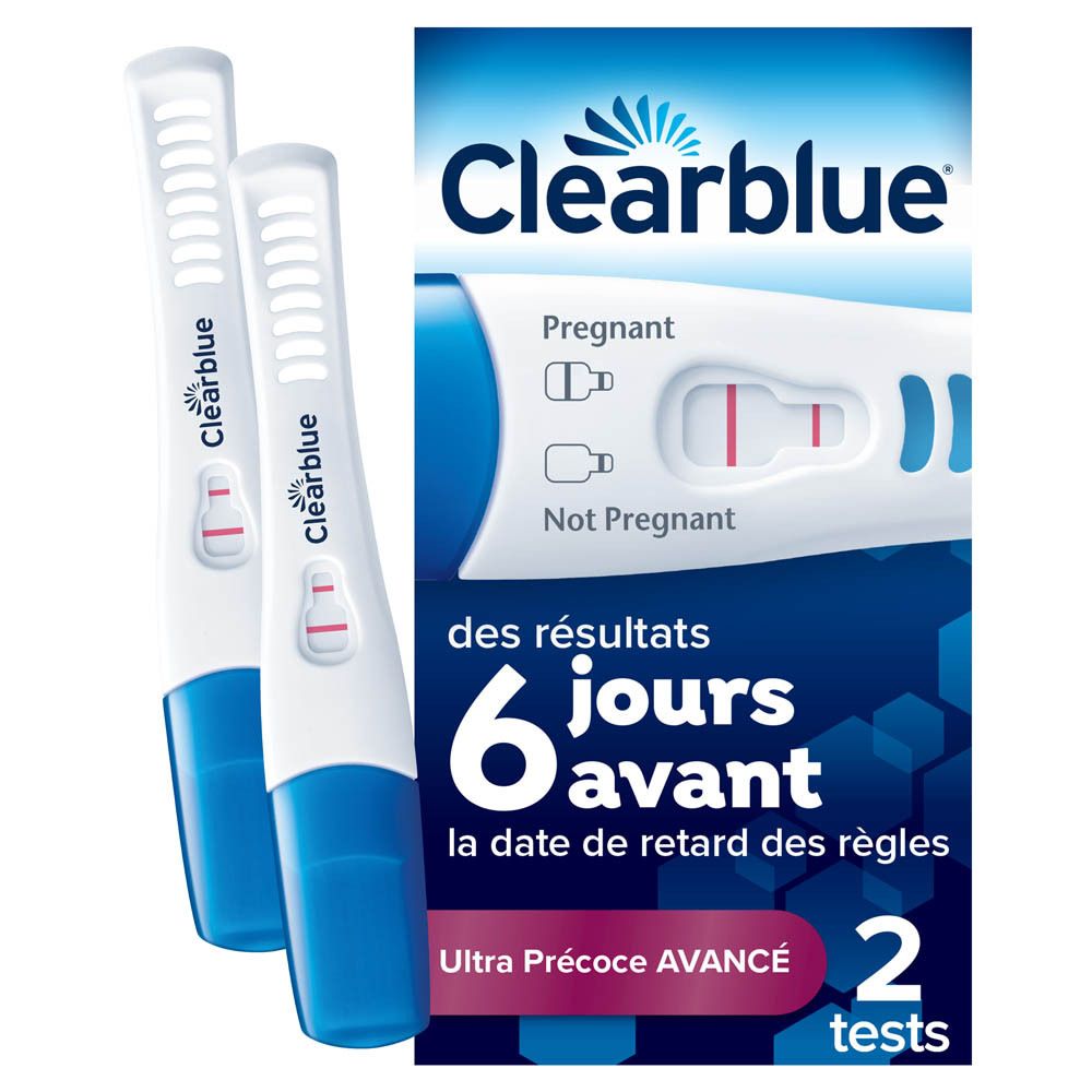 Deux tests de grossesse Clearblue. Montrent des bandelettes et le texte: 6 jours plus tôt, 2 tests.