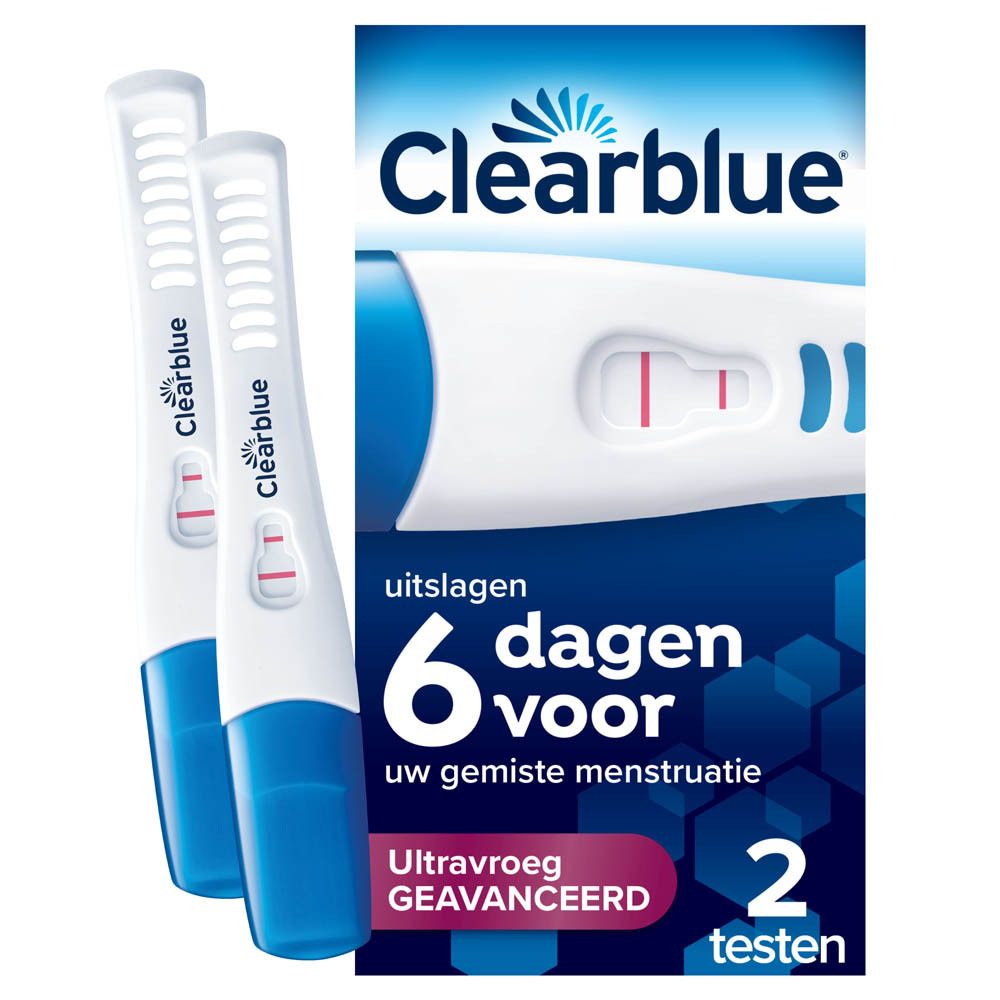 Twee Clearblue zwangerschapstesten. Toont teststrips en tekst: 6 dagen eerder, 2 testen.