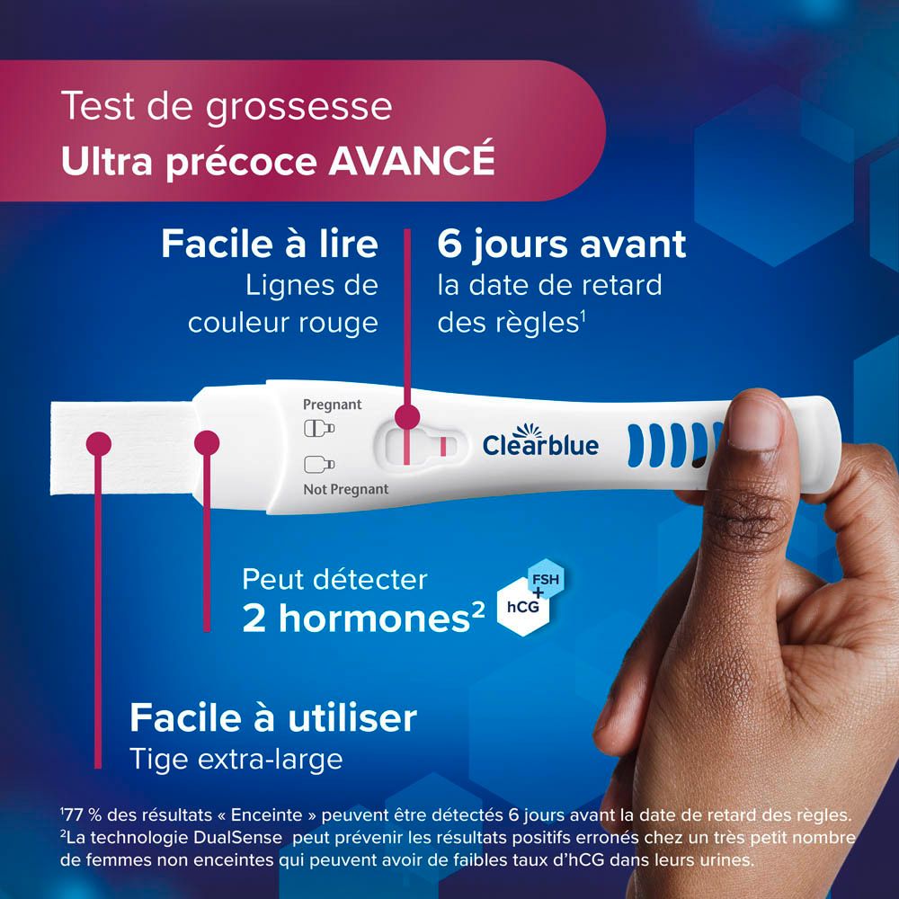 Main tenant un test de grossesse Clearblue. Montre des bandelettes et le texte: 6 jours plus tôt, 2 hormones.