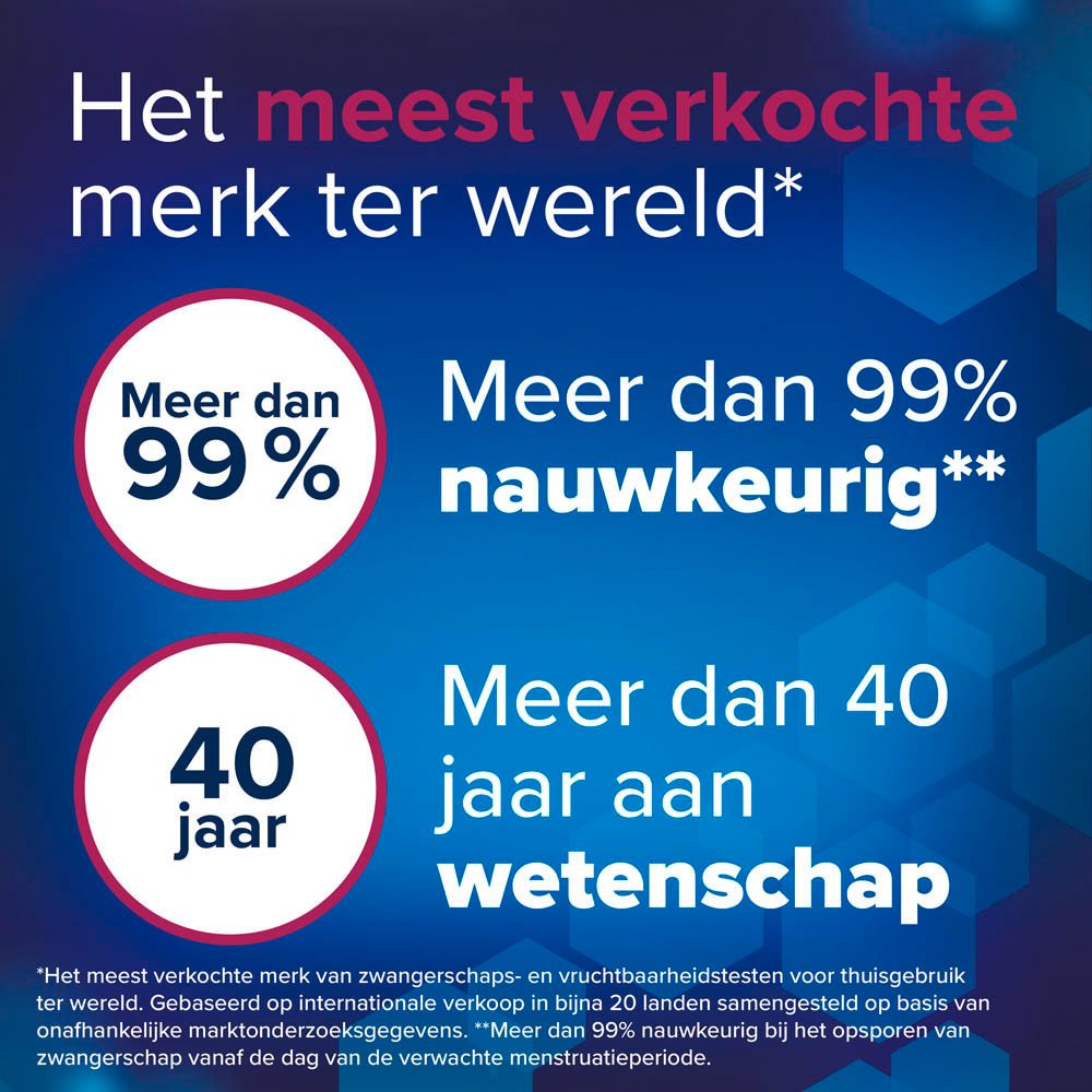 Verpakking van Clearblue zwangerschapstest. Toont teststrips en tekst: 6 dagen eerder, 2 testen.