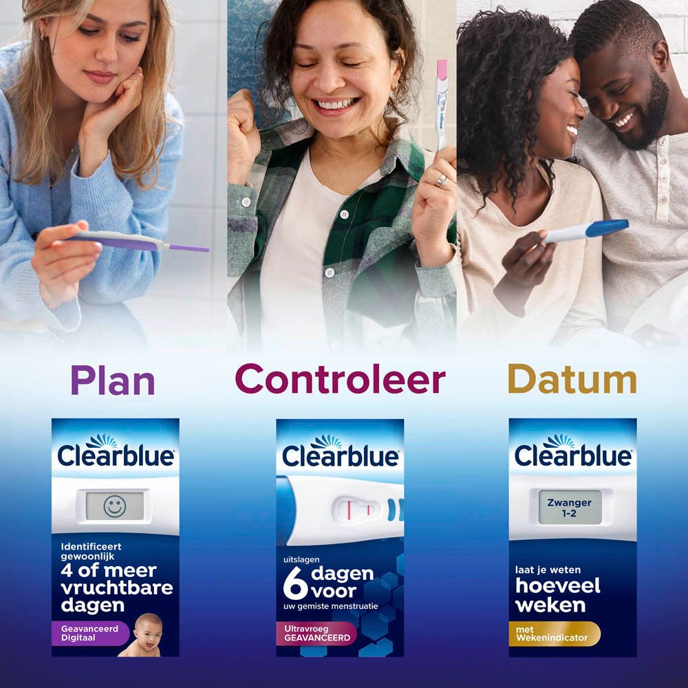 Verpakking van Clearblue zwangerschapstest. Toont teststrips en tekst: 6 dagen eerder, 2 testen.
