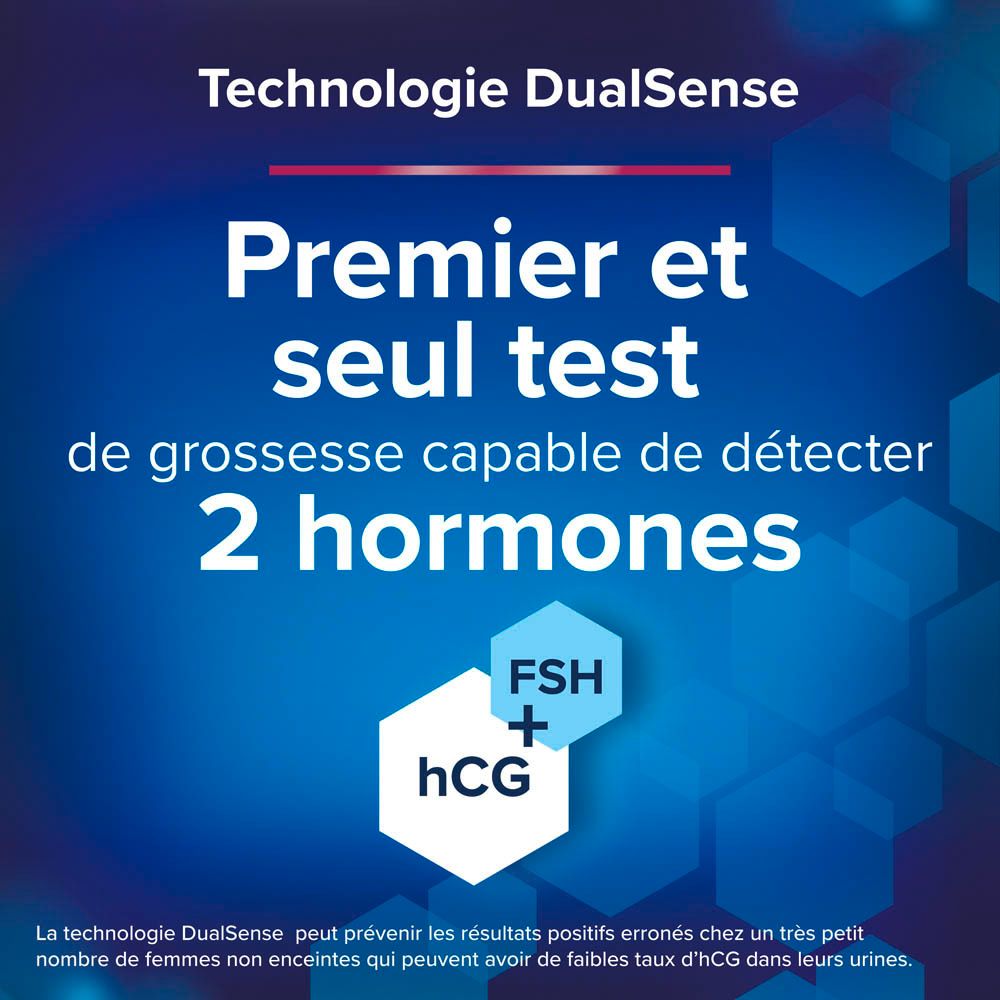 Texte: Technologie DualSense. Premier et seul test de grossesse détectant 2 hormones.