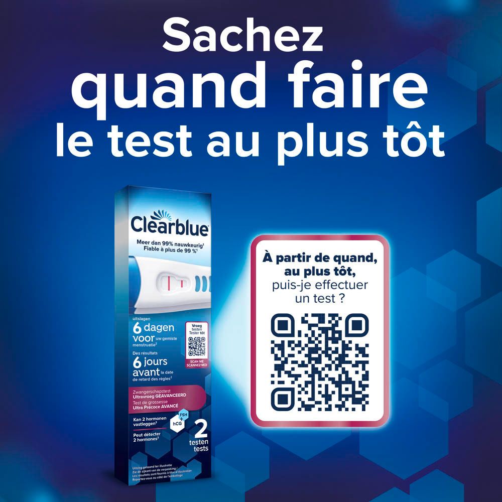Gros plan d'un test de grossesse Clearblue. Montre des bandelettes et le texte: 2 hormones.