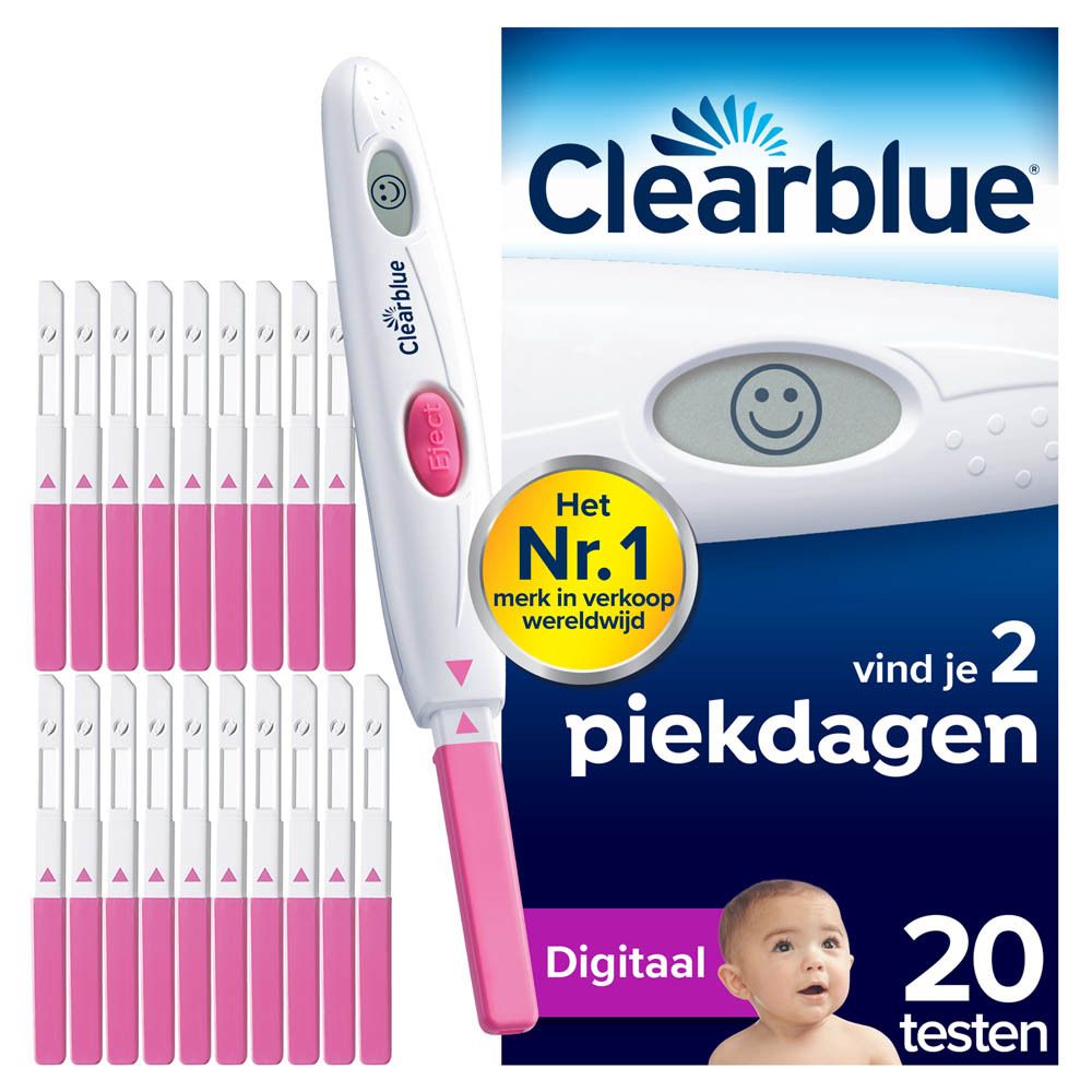 Verpakking Clearblue Ovulationstest Digital. Bevat 20 testen en een teststaaf.