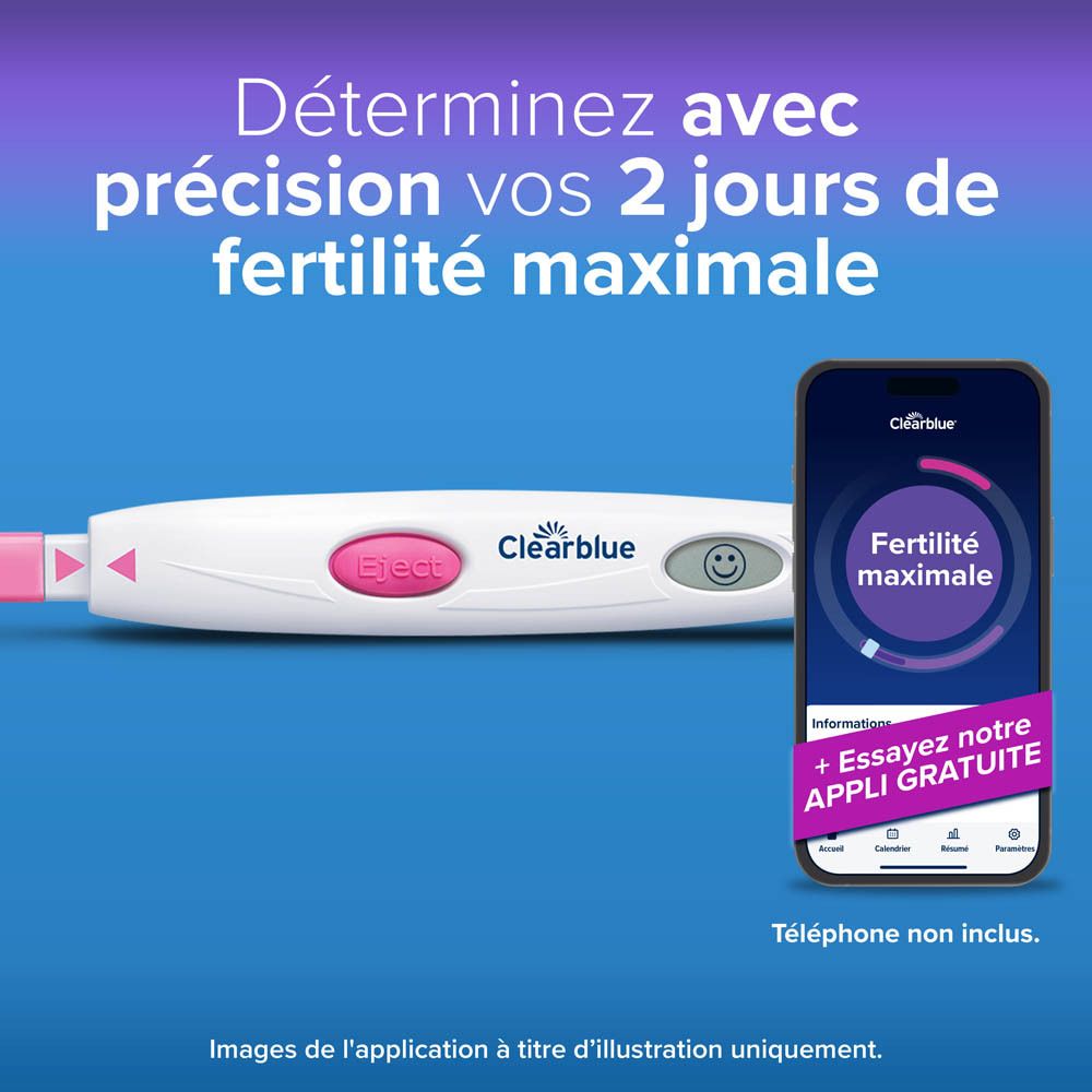 Test d'ovulation digital et smartphone. Illustration d'application. Fond bleu.