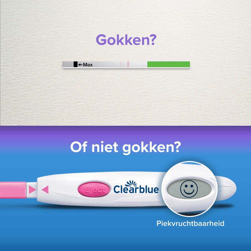 Verpakking Clearblue Ovulationstest Digital. Bevat 20 testen en een teststaaf.