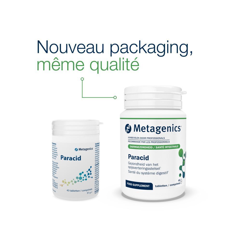Deux flacons blancs. Inscription: Metagenics, Paracid. Nouveau packaging, même qualité.