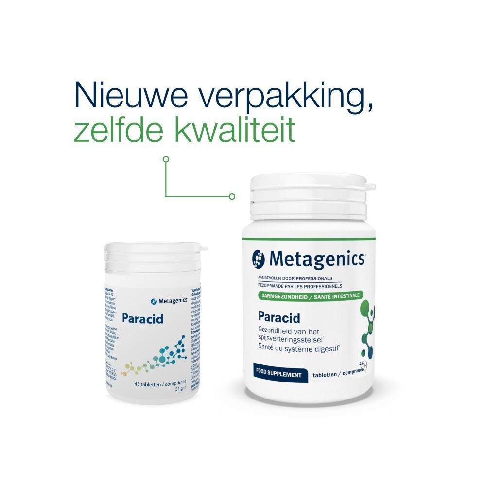 Twee witte flessen. Opschrift: Metagenics, Paracid. Nieuwe verpakking, zelfde kwaliteit.