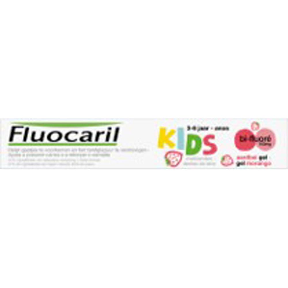 Tandpasta verpakking Fluocaril Kids, aardbei smaak, 3-6 jaar. Witte doos met logo en illustraties.