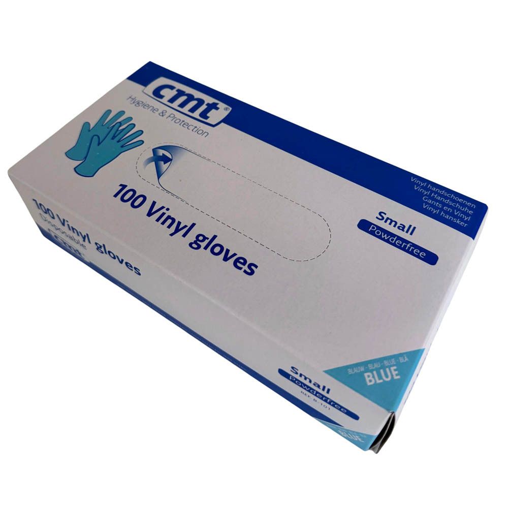 Verpakking van 100 blauwe vinyl handschoenen, poedervrij, maat Small. Merk CMT.