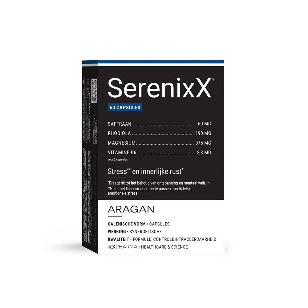 Doos SerenixX, 60 capsules. Bevat saffraan, rhodiola, magnesium, vitamine B6. Tekst: Stress en innerlijke rust.