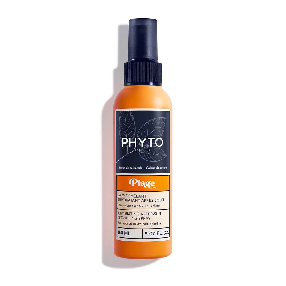 Oranje fles met blauwe sproeikop. Opschrift: Phyto Paris, Plage, Spray Démêlant Réhydratant Après-Soleil.