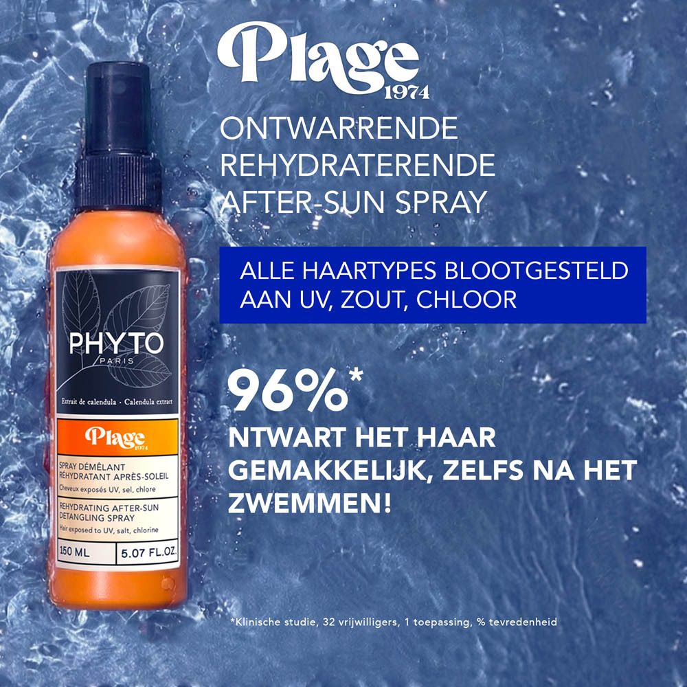 Fles voor blauwe achtergrond. Tekst: Phyto Paris, Plage, Ontwarrende Rehydraterende After-Sun Spray.