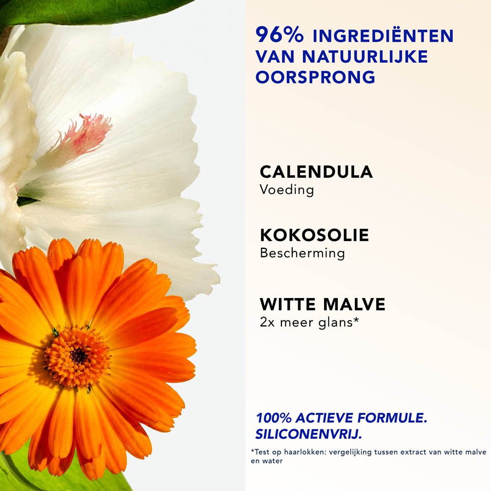 Close-up van bloemen en ingrediënten. Tekst: Calendula, Kokosolie, Witte Malve. 100% Actieve Formule.