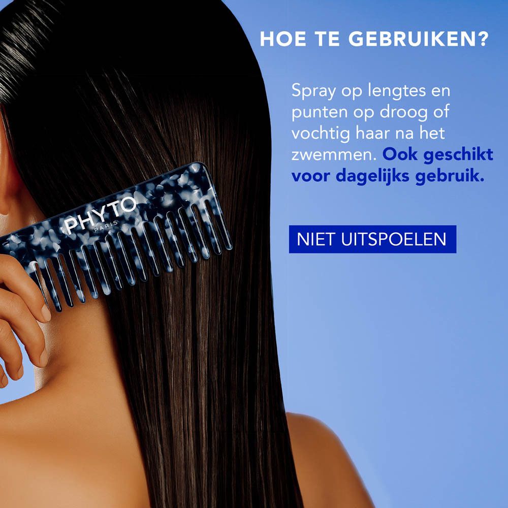 Persoon kamt haar. Tekst: Hoe te gebruiken? Niet uitspoelen.