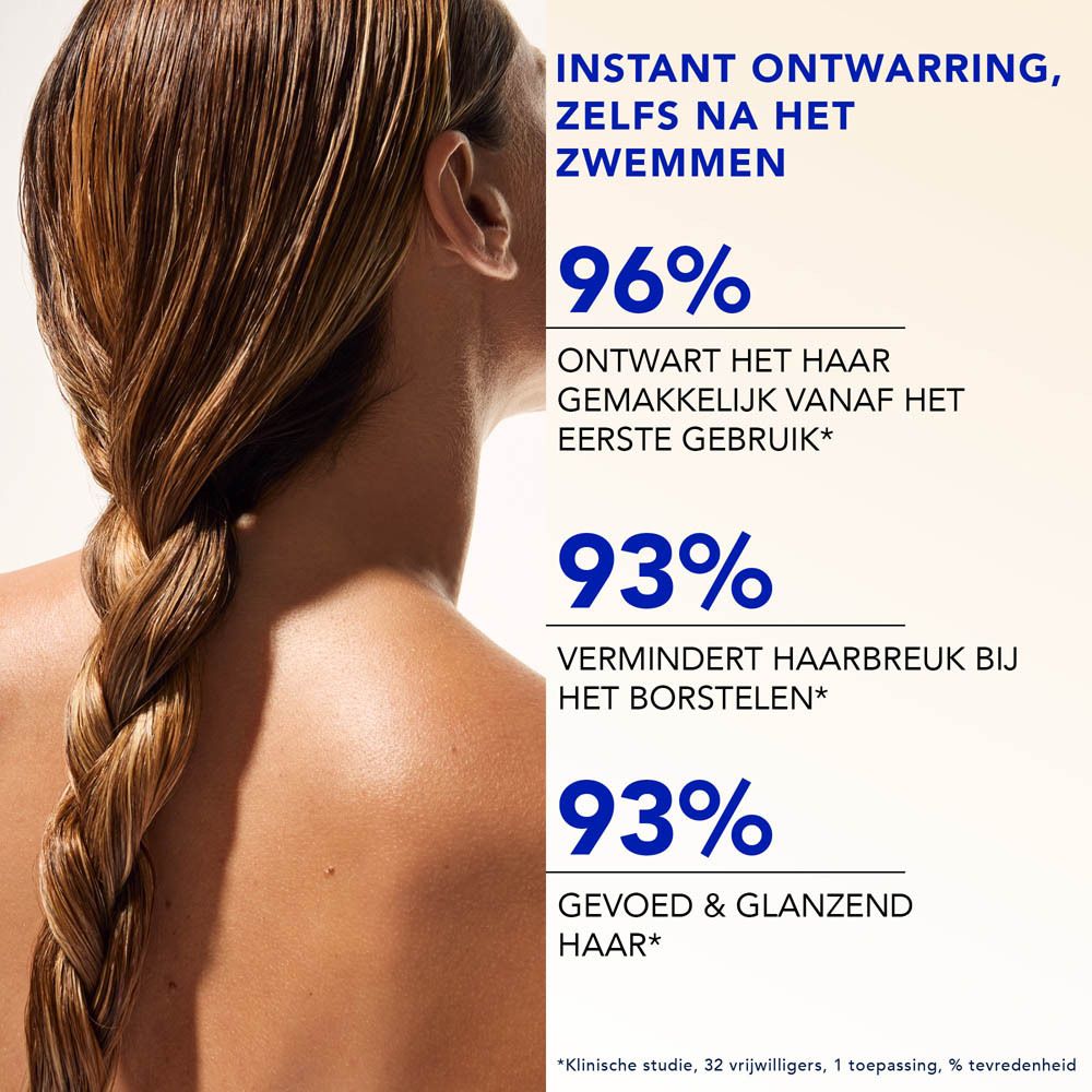 Persoon met vlecht. Tekst: Instant ontwarring, zelfs na het zwemmen. 96%, 93%, 93%.