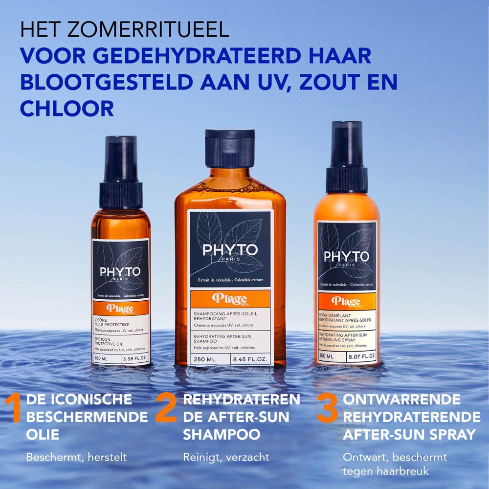Drie producten in water. Tekst: Het zomerritueel. 1. Beschermende olie. 2. Shampoo. 3. Spray.