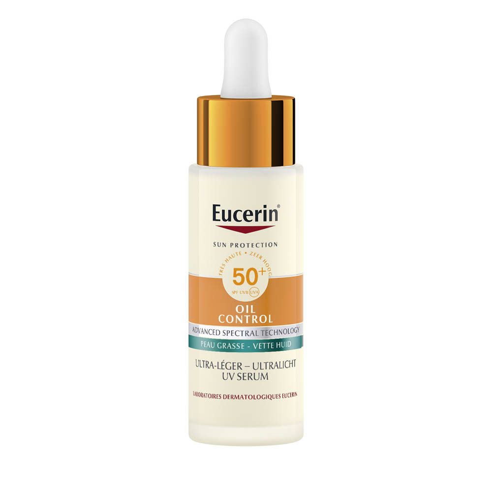 Eucerin Sun Oil Control serum met pipet. Druppels vallen uit de pipet.