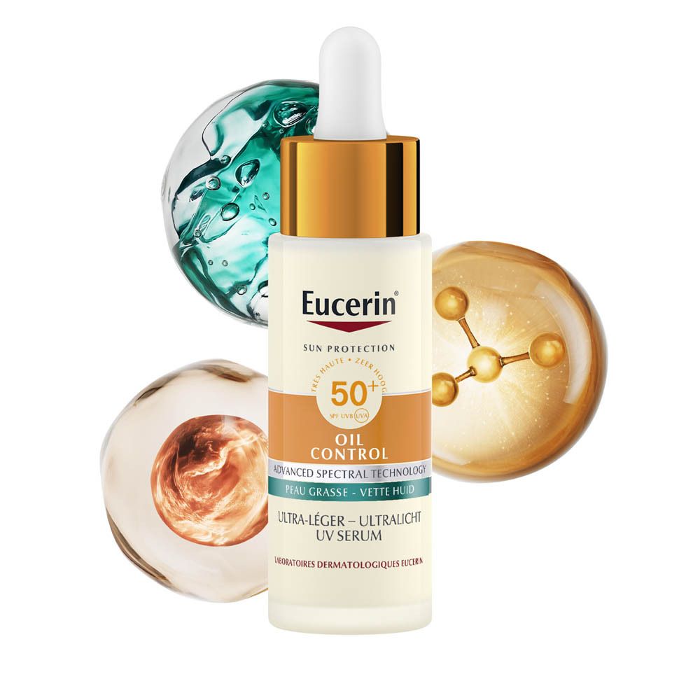 Eucerin Sun Oil Control serum met pipet. Product en ingrediënten op de achtergrond.