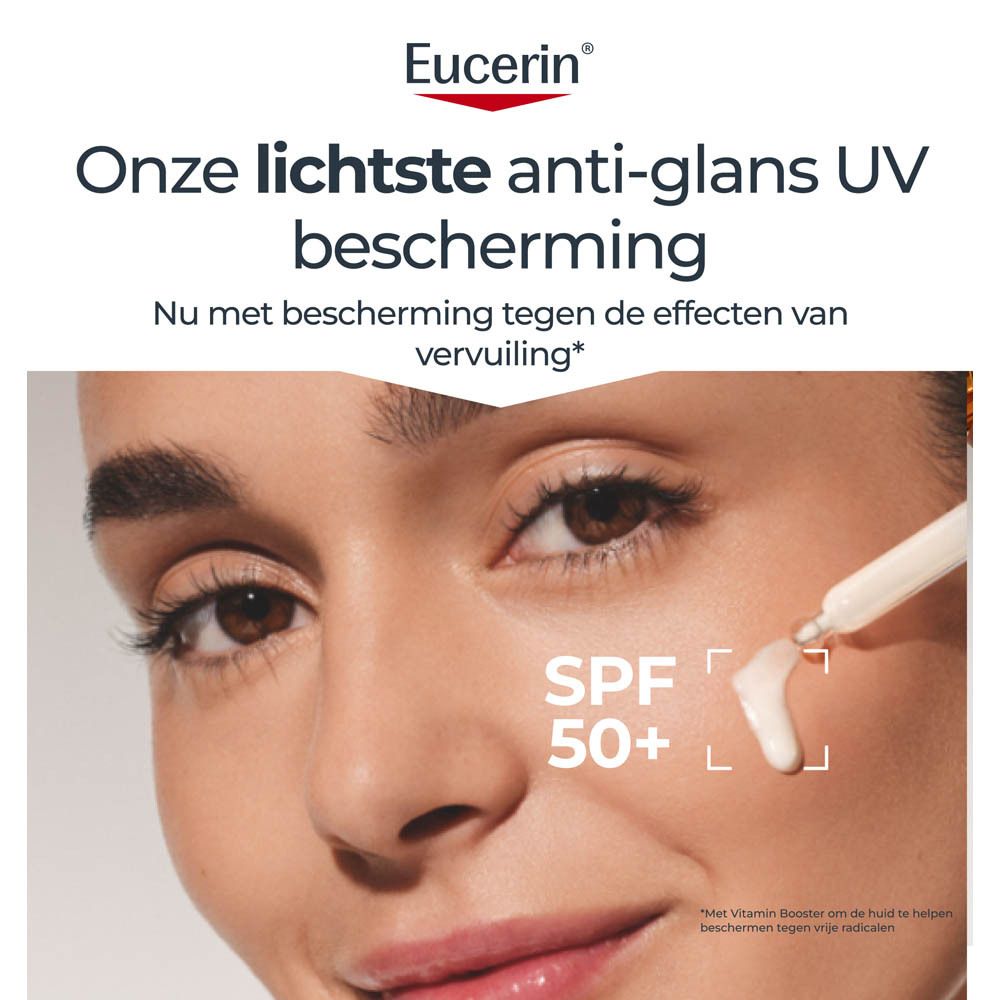 Vrouw brengt Eucerin Sun Oil Control serum aan. Tekst: SPF 50+.