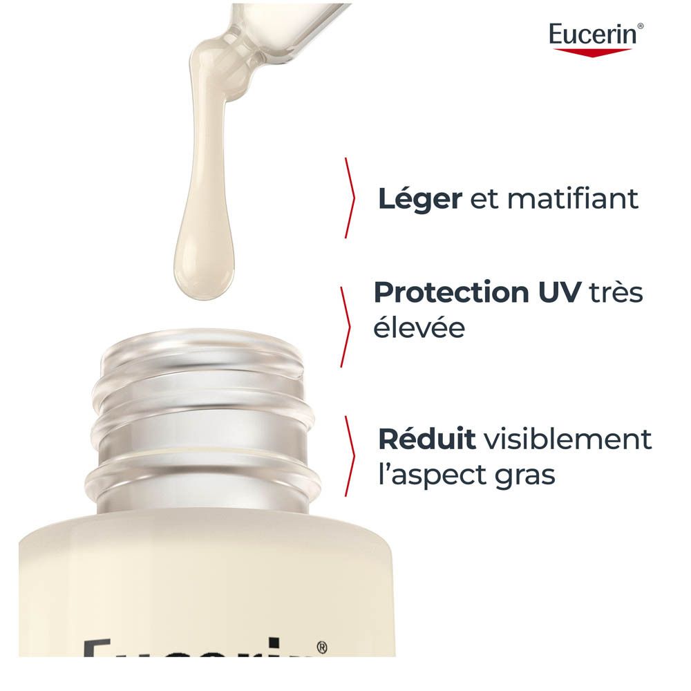 Sérum Eucerin Sun Oil Control. Gouttes qui tombent. Texte : Léger et matifiant.