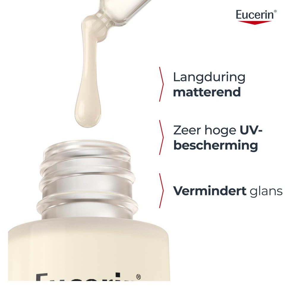 Eucerin Sun Oil Control serum. Druppels vallen. Tekst: Licht en matterend.