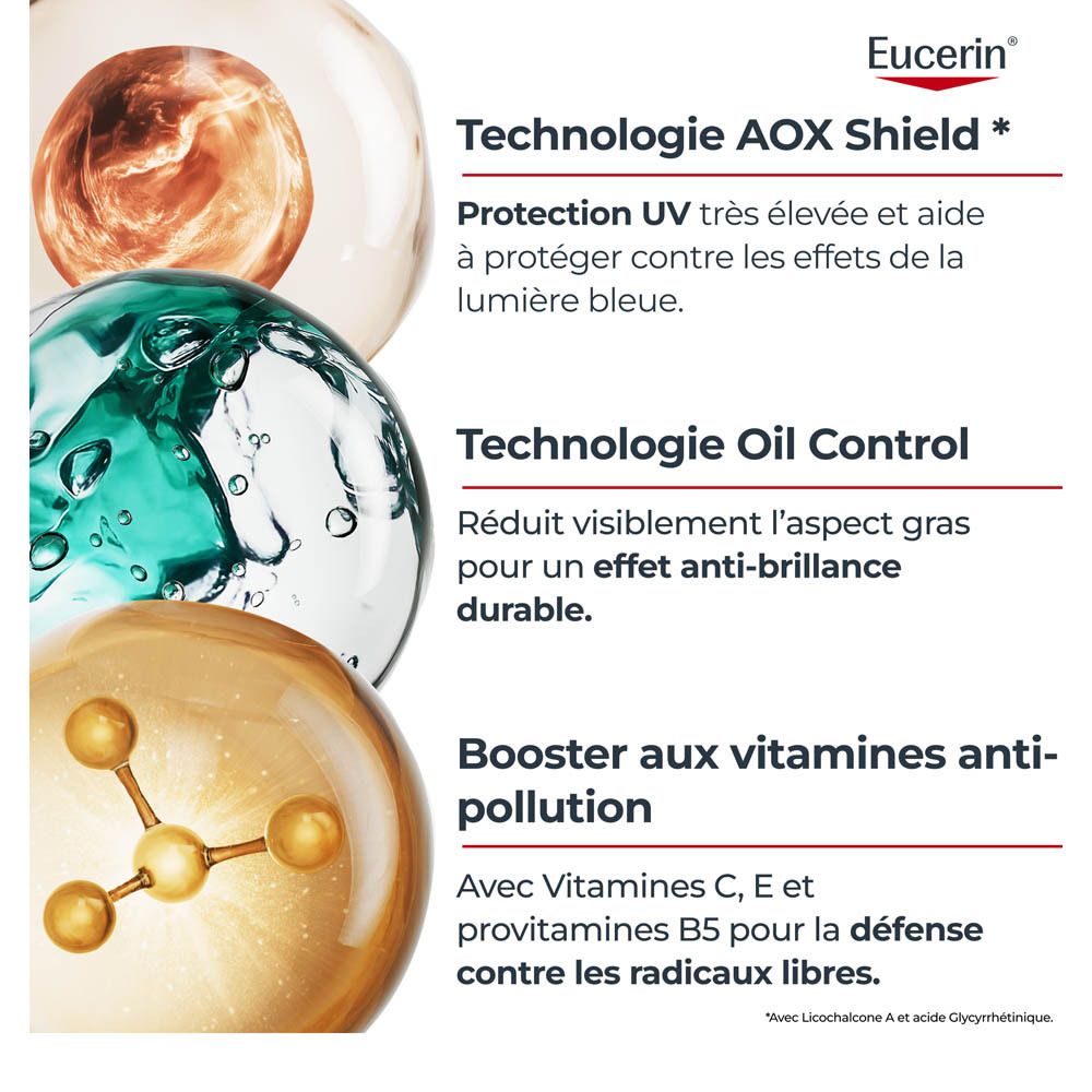 Sérum Eucerin Sun Oil Control. Texte : Technologie AOX Shield, Technologie Oil Control, Booster vitamines.