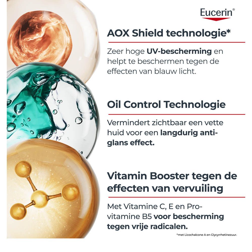Eucerin Sun Oil Control serum. Tekst: AOX Shield technologie, Oil Control technologie, Vitamin Booster.