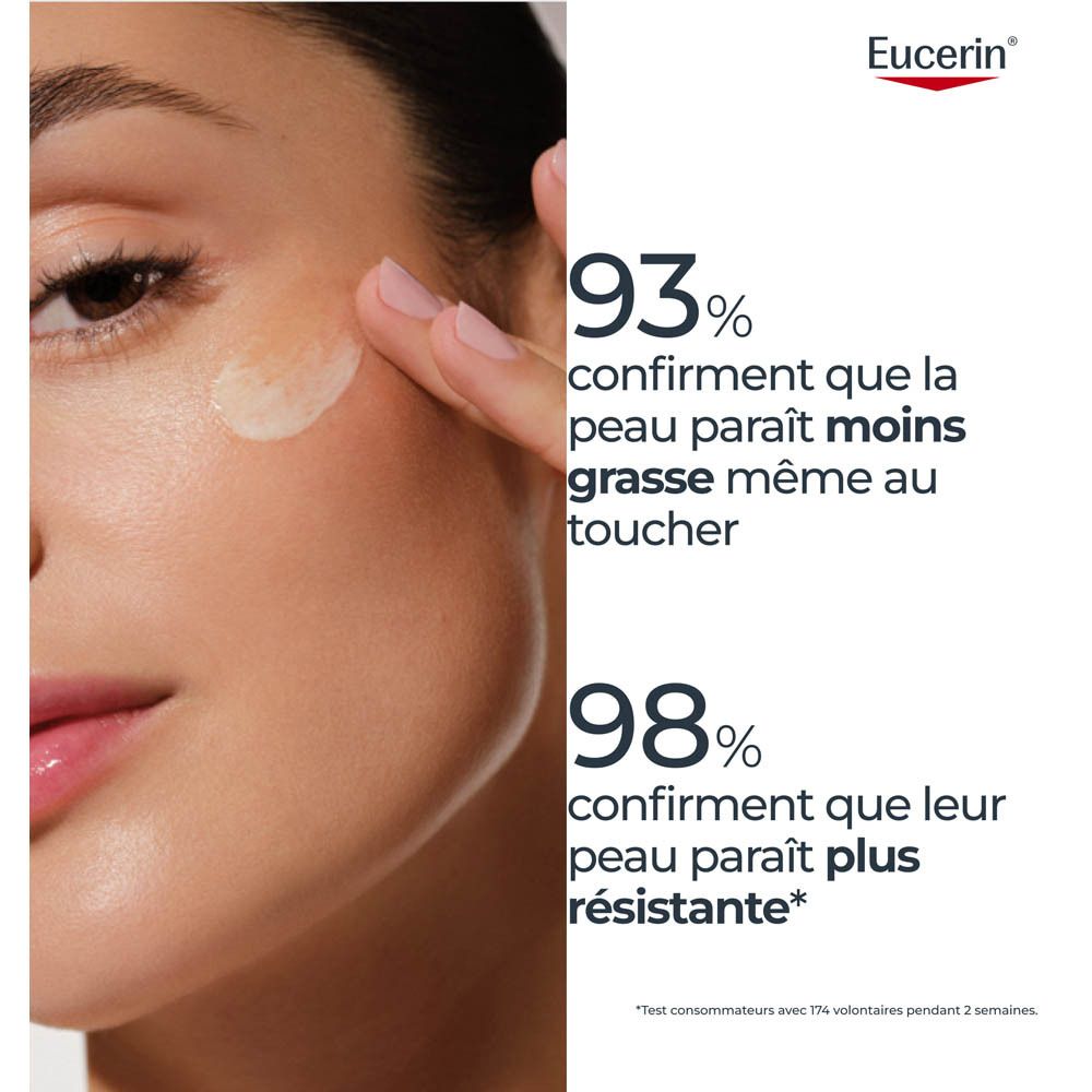 Femme appliquant le sérum Eucerin Sun Oil Control. Texte : 93% confirment moins de peau grasse.