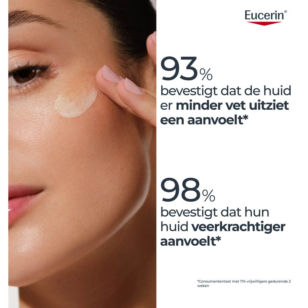 Vrouw brengt Eucerin Sun Oil Control serum aan. Tekst: 93% bevestigen minder vette huid.