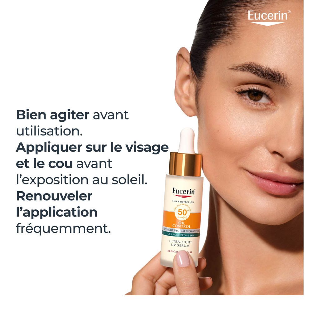 Femme appliquant le sérum Eucerin Sun Oil Control. Texte : Appliquer avant l'exposition au soleil.