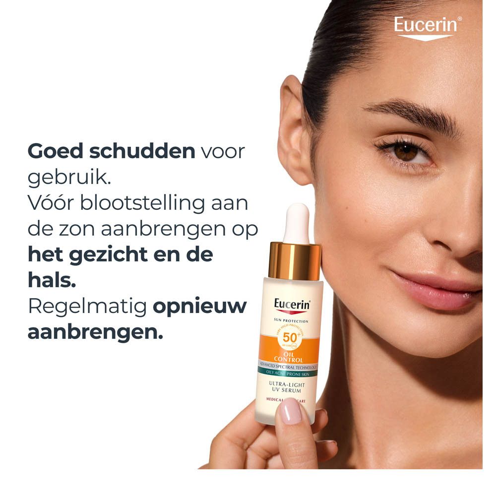 Vrouw brengt Eucerin Sun Oil Control serum aan. Tekst: Aanbrengen voor blootstelling aan de zon.