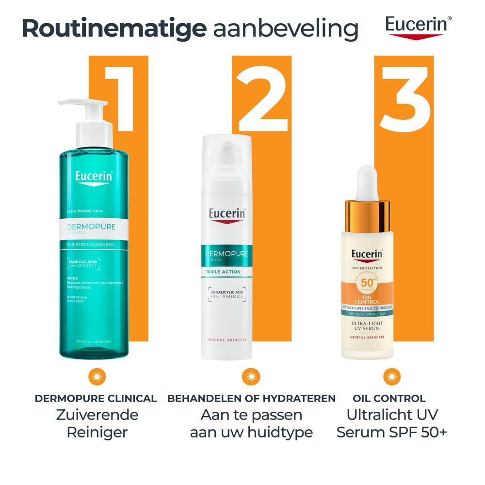 Eucerin producten: Reiniger, hydraterende crème, Oil Control serum.