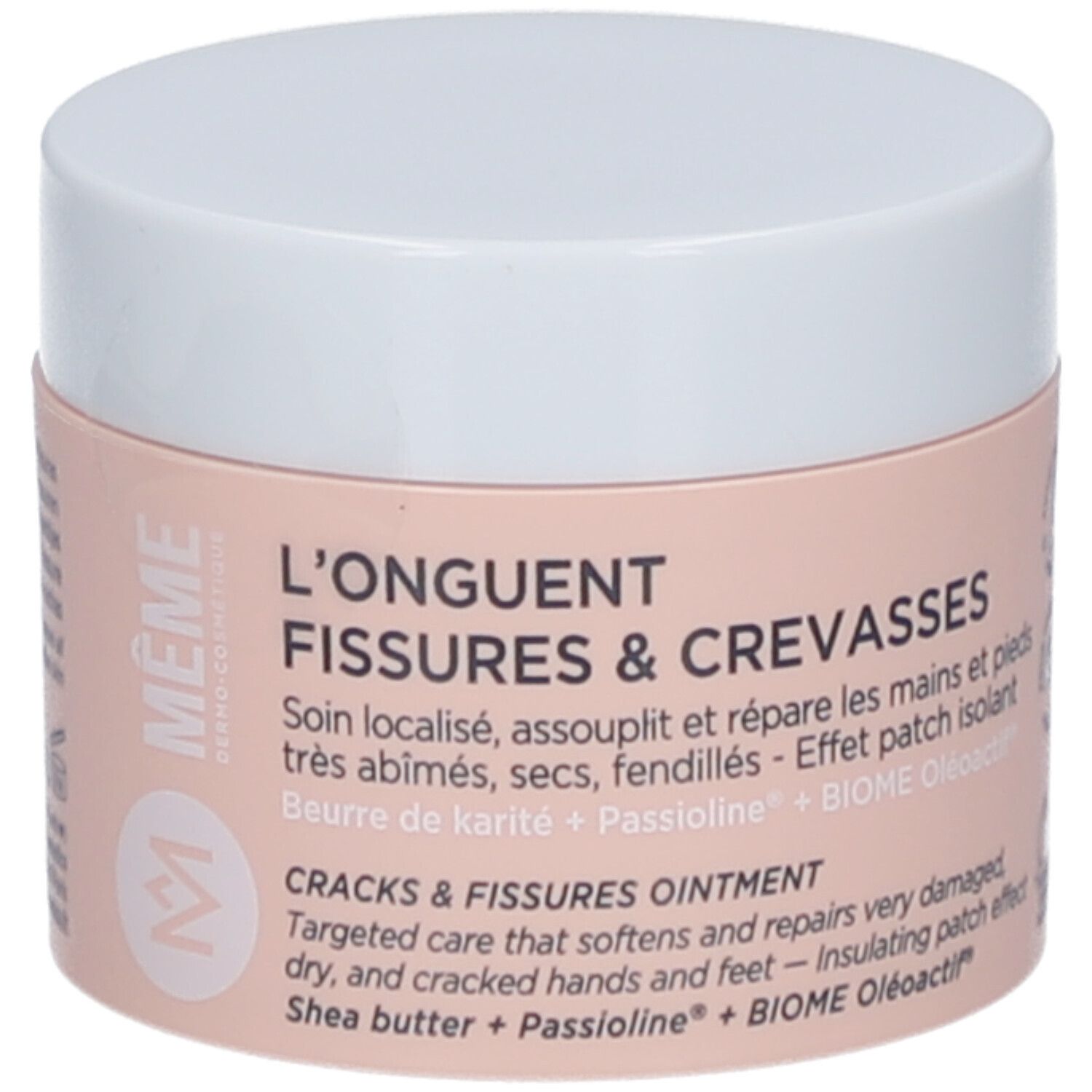 Pot crème blanc et rose. Inscription: L'ONGUENT FISSURES & CREVASSES. Marque: MÊME. Informations produit sur l'étiquette.