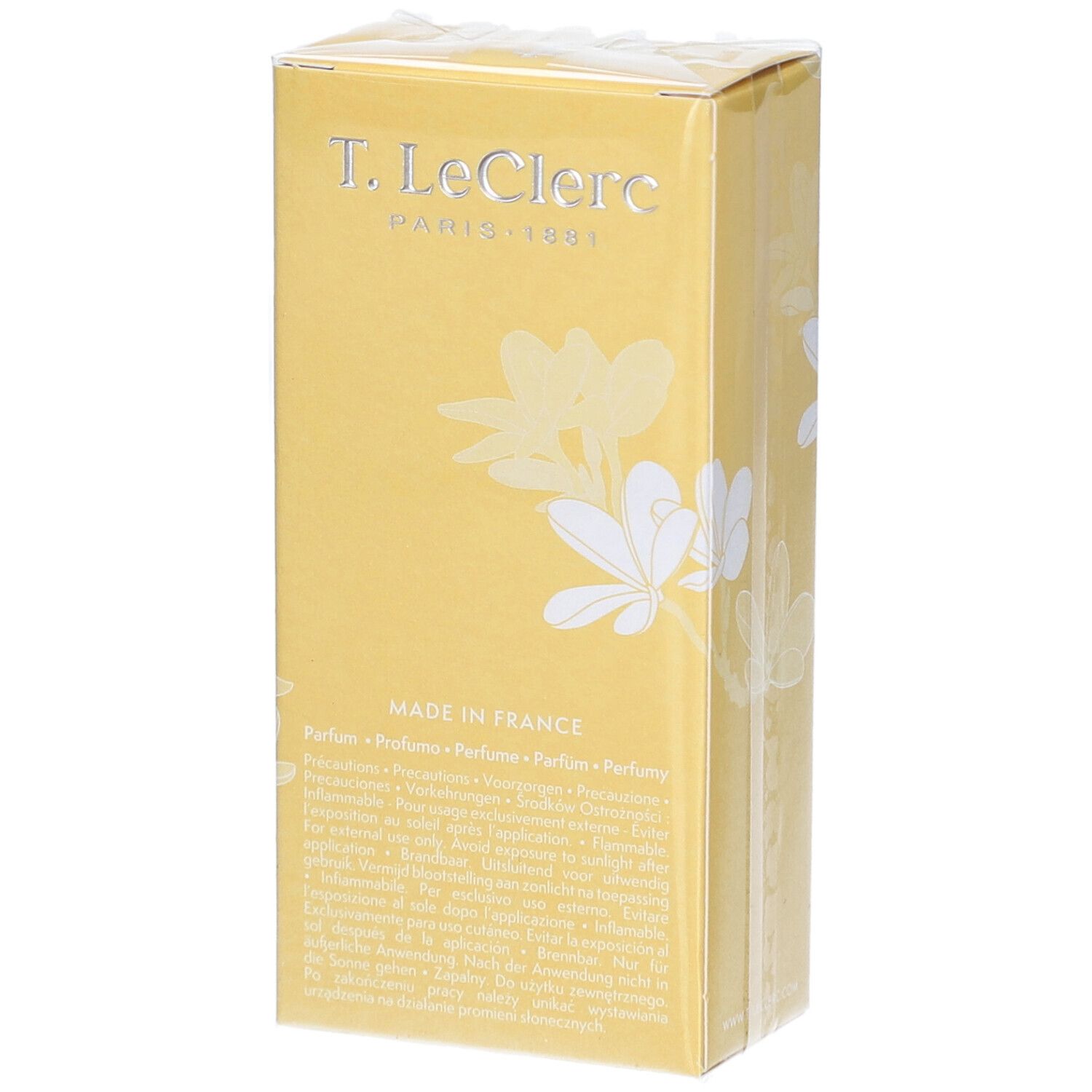 Boîte jaune avec décor floral blanc. Inscriptions : Le Poudré Frangipanier, T. LeClerc, 50 ml, 1.69 fl. oz.
