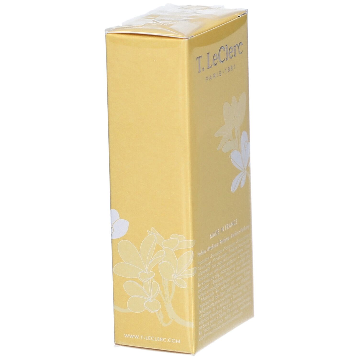 Boîte jaune avec décor floral blanc. Inscriptions : Le Poudré Frangipanier, T. LeClerc, 50 ml, 1.69 fl. oz.