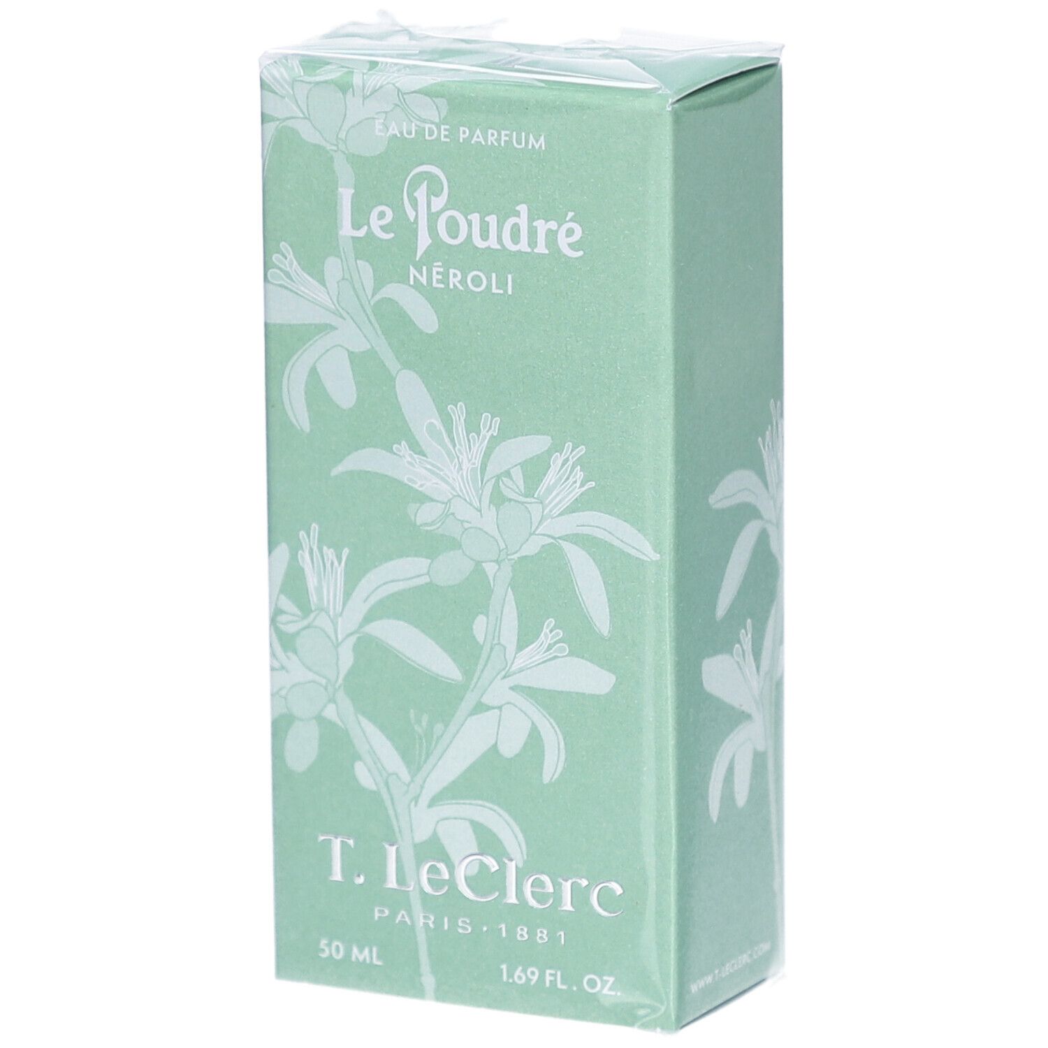 Groene doos met bloemmotief en productnaam. Tekst: Le Poudré Néroli, T. Leclerc, 50 ml, 1.69 fl. oz.