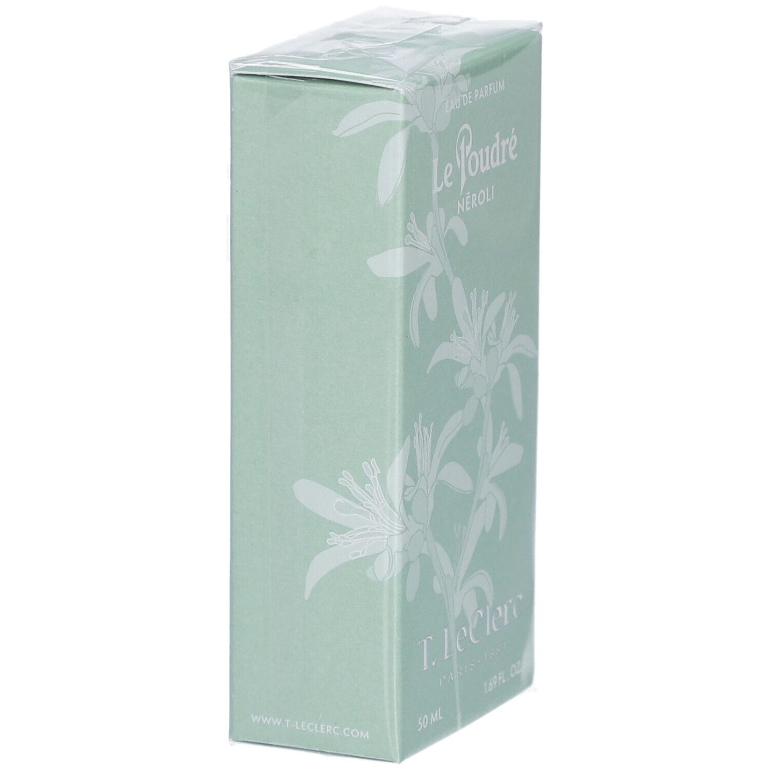 Groene doos met bloemmotief. Tekst: Le Poudré Néroli, T. Leclerc, 50 ml, 1.69 fl. oz. Verpakt in folie.